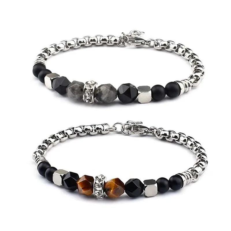 

Fashion Charm 8MM Stone Strand Bracelets Stainless Steel Link Chain Bangles Gemstone Beaded Yoga Healing Chakra Male Jewelry