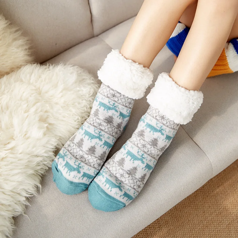 Winter Warm Socks Women Plush Soft Female Non Grip Floor Slippers Short Sock Fuzzy Fluffy Deer Elk Cat Pattern Christmas Gift