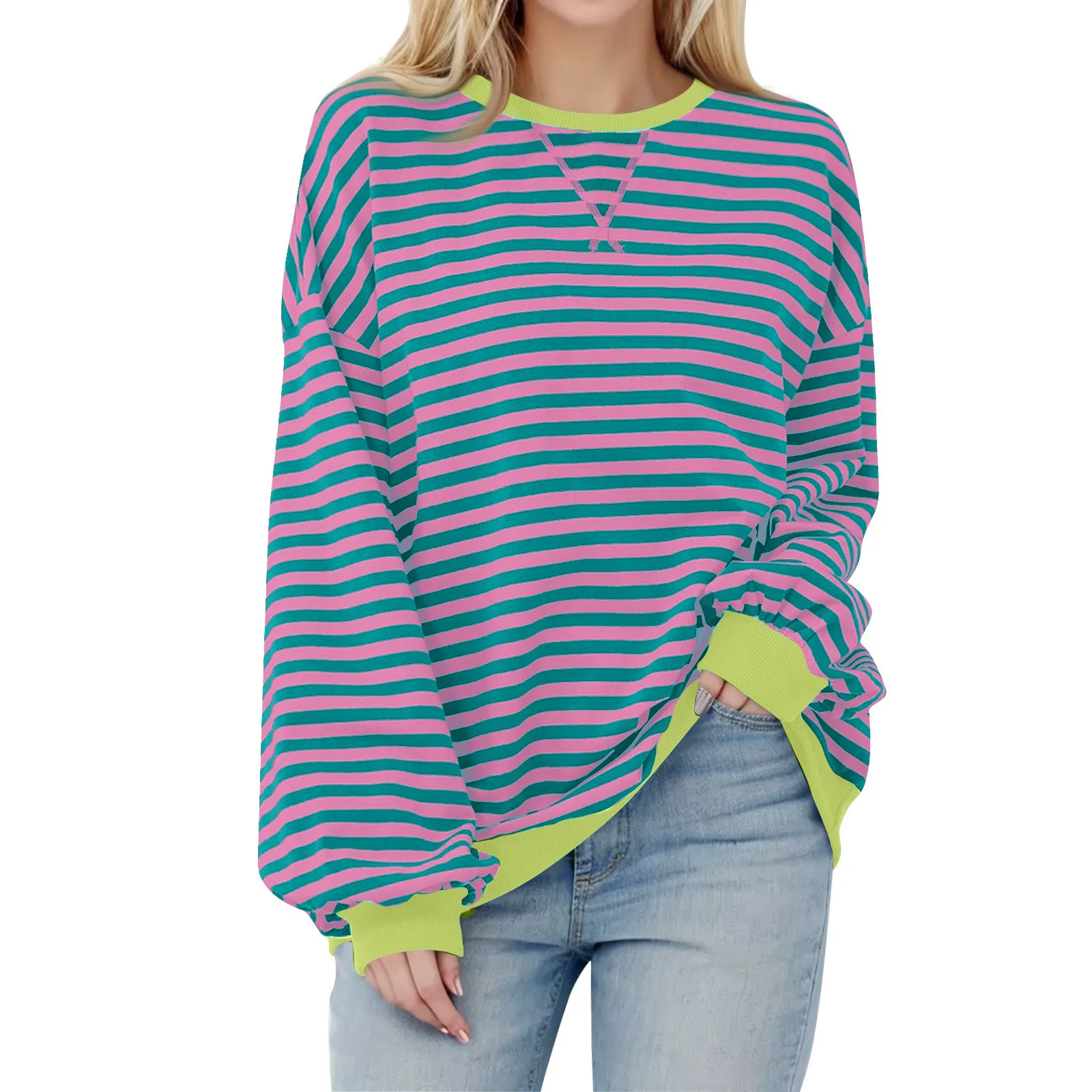 

New Women'S Oversized Striped Color Blocking Long Sleeved Round Neck Sports Shirt Casual Loose Fitting Pullover Shirt Top