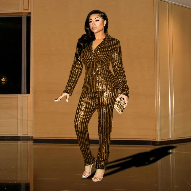 Women's Sexy Club Clothing Glitter Set Slim Fit Slim Fashion Sequined Professional Small Suit Fried Street Two-piece Sportswear