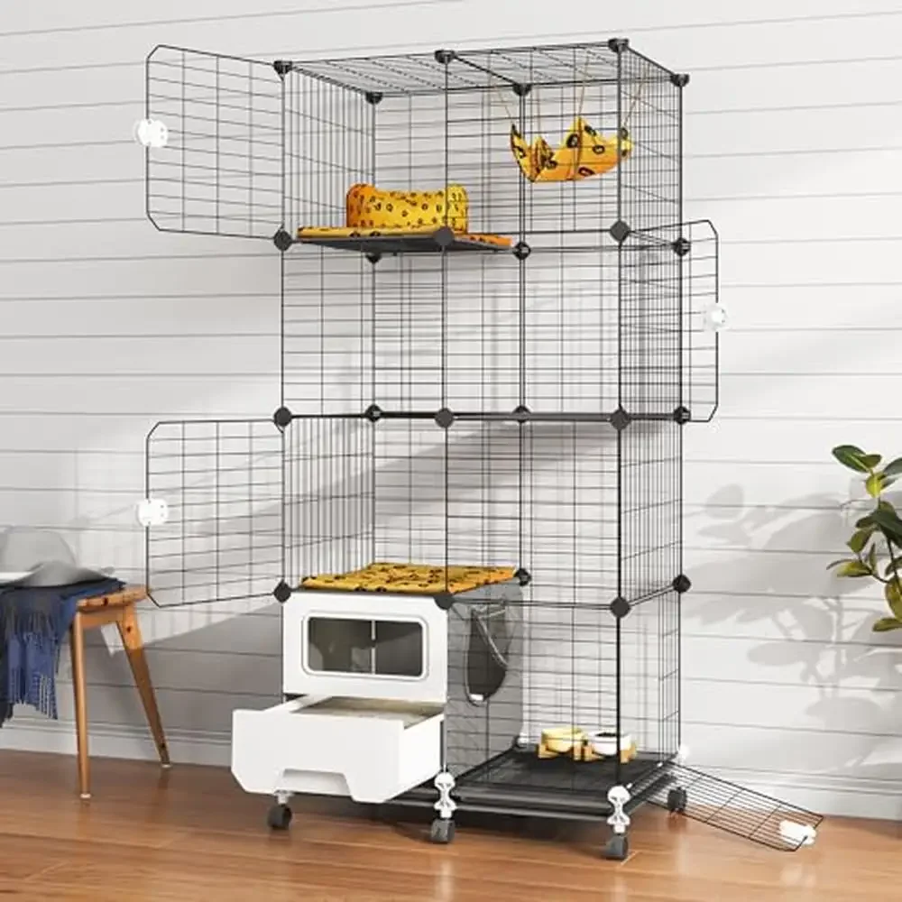 Detachable 4-Tier Metal Cat Cage Kennel Playpen with Litter Box Paw-Friendly Surface Easy Cleaning 360-Degree Swivel Locking