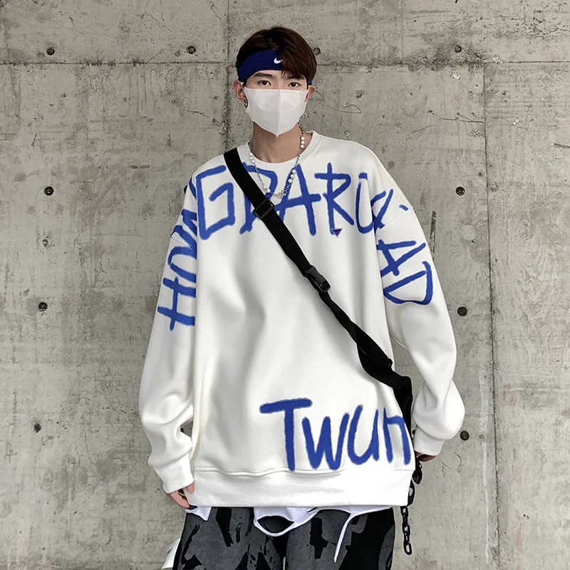Hybskr Graffiti Letter Oversize Men Hoodies Sweatshirts O-neck Harajuku Hip-hop Pullovers Fashion New Male Jumpers Streetwear