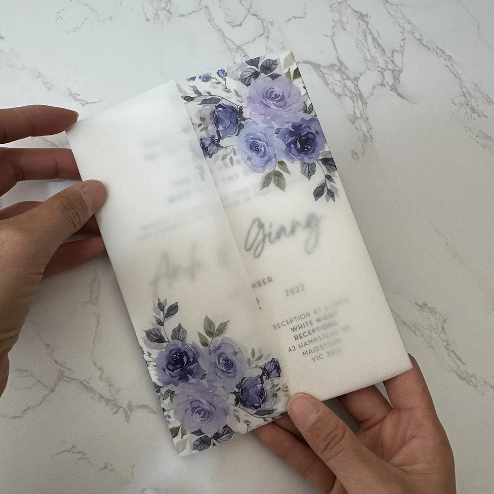 Purple flower Vellum Wrap 5 x 7 Wedding Invitation wedding invitations flower vellum wrap