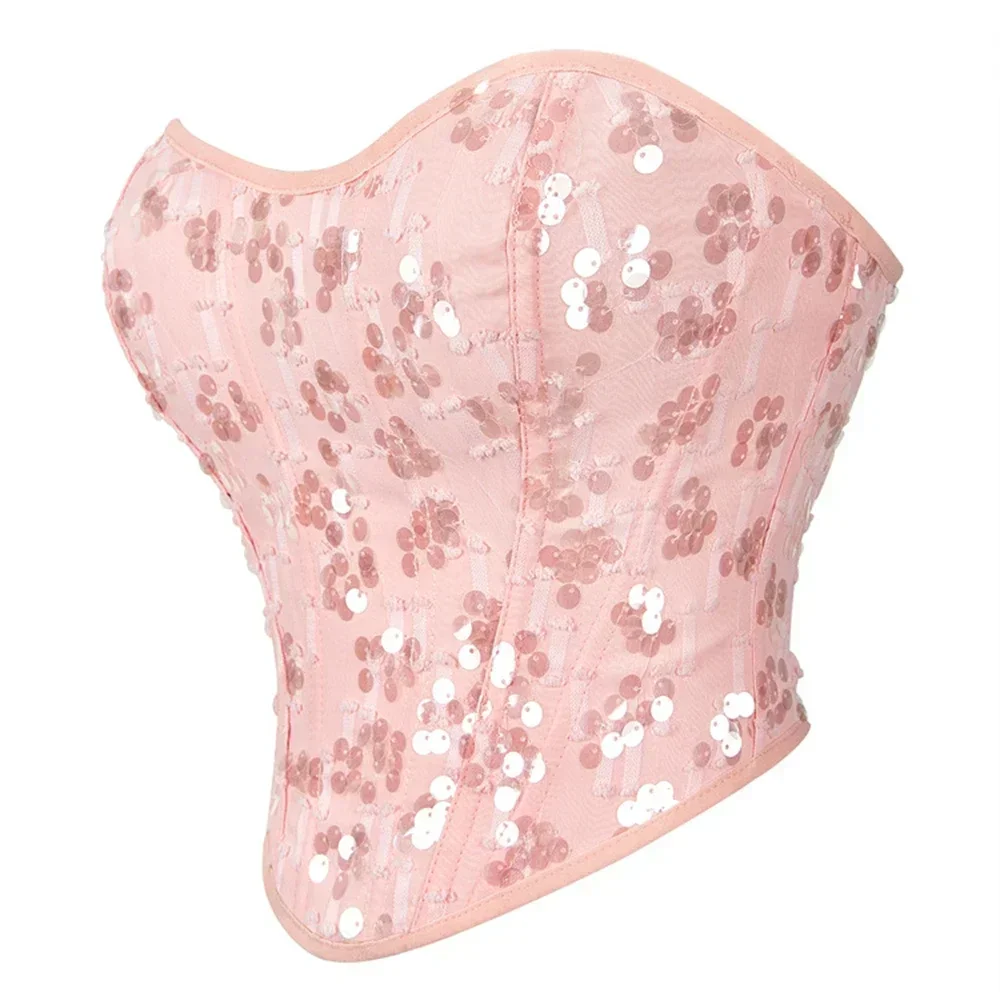 Fashion Sequin Embellished Overbust Corset Sexy Lingerie Waist Cincher Body Shaper Bustiers Crop Tops Pink Or Purple