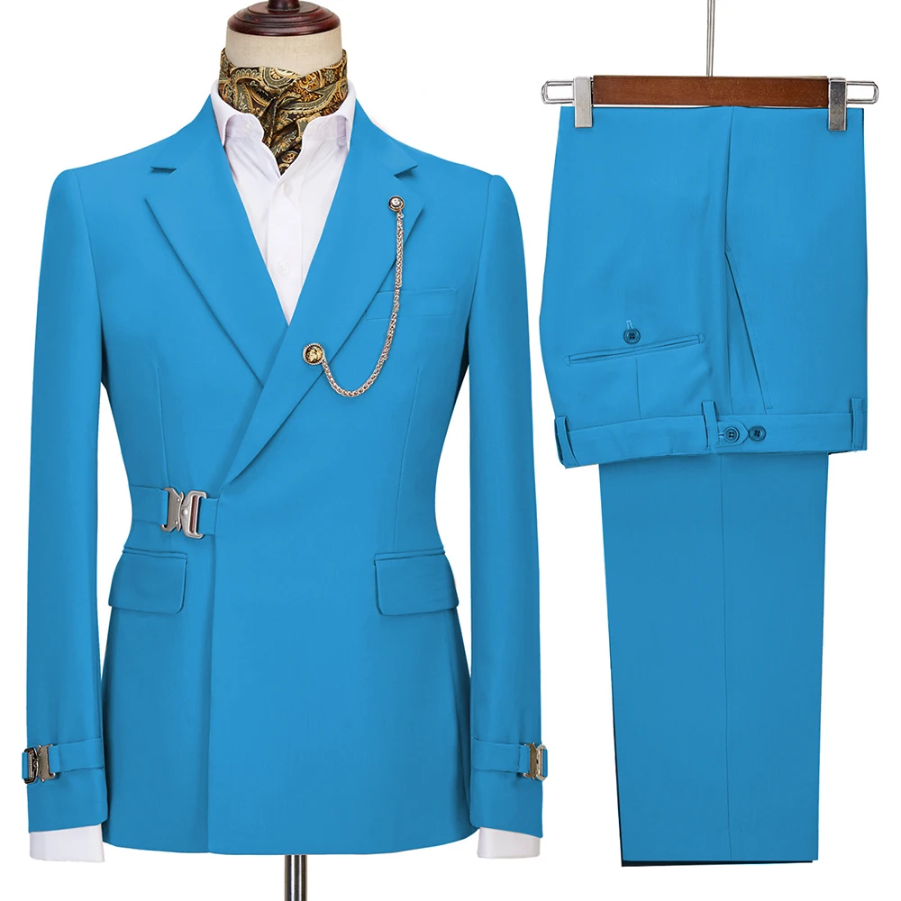 Metal Buckles Men Suits 2 Piece Fashion Khaki Notch Lapel Solid Color Blazer Business Casual Wedding Groom Full Men's Suit