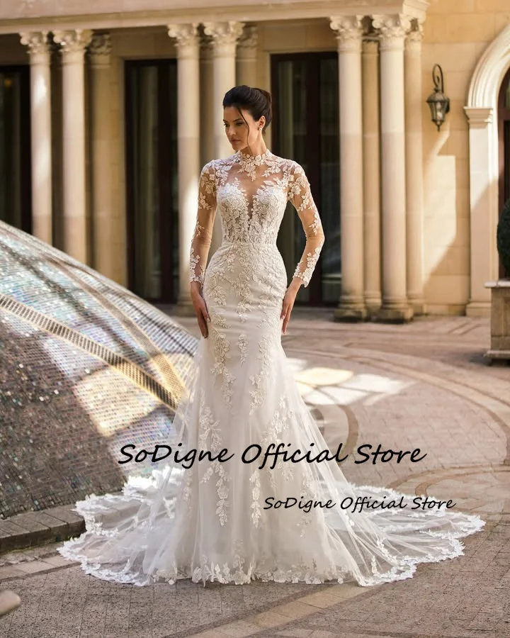 SoDigne Mermaid Lace Appliques Wedding Dresses Tulle Full Sleeves Bridal Dress Long Bride Gown vestidos de novia Customized 10 S6218fa515d44436e8b59ecbf7aa72099M