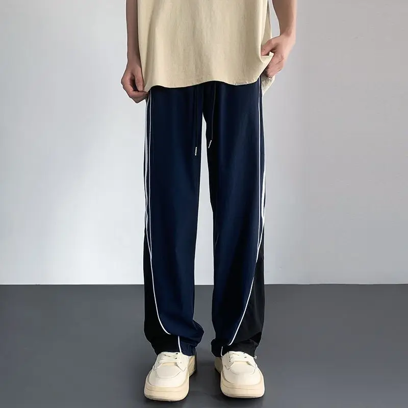 High Street Trendy Casual Pants Men's Solid Side Stripe Patchwork Drawstring Pocket Waterproof Outdoor Sports Straight Trousers