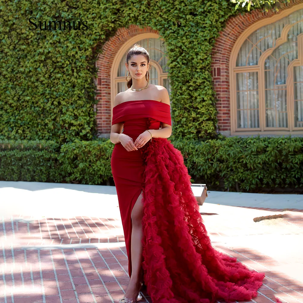 

Sumnus Burgundy Off the Shoulder Mermaid Evening Dresses Side Split Detachable Tiered Tulle Train Luxury Party Prom Dress 2024