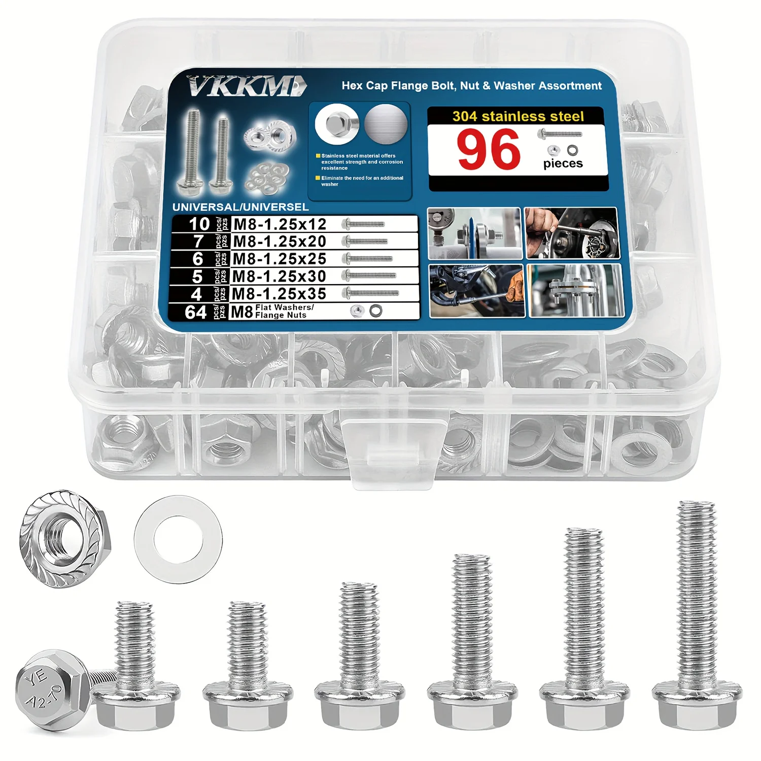 VKKM 96 pcs Stainless Steel M8 Hex Cap Flange Bolt Assortment Kit/Screws, Nuts & Washers, M8-1.25 x 12/20/25/30/35mm