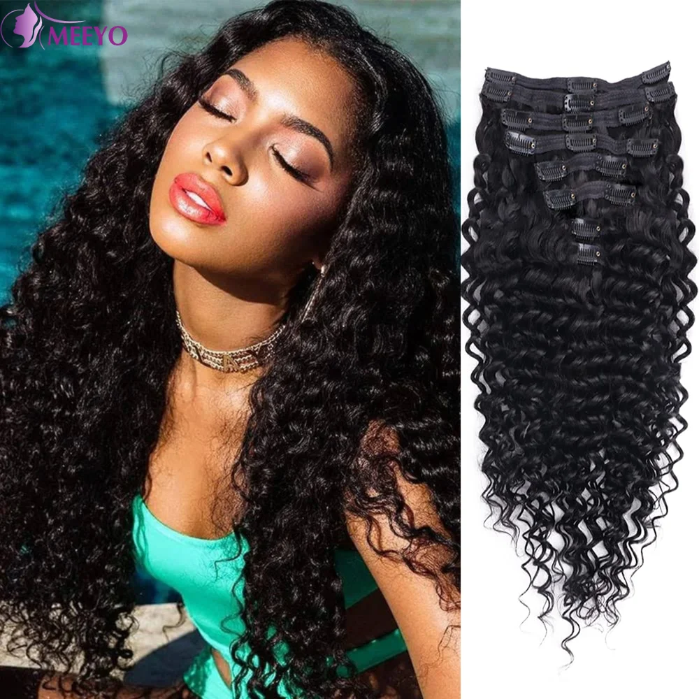 Curly Clip In Hair Extension Human Hair Deep Wave Seamless Clip Ins Human Extensions 8 Pieces 18 Clips Natural Black Color