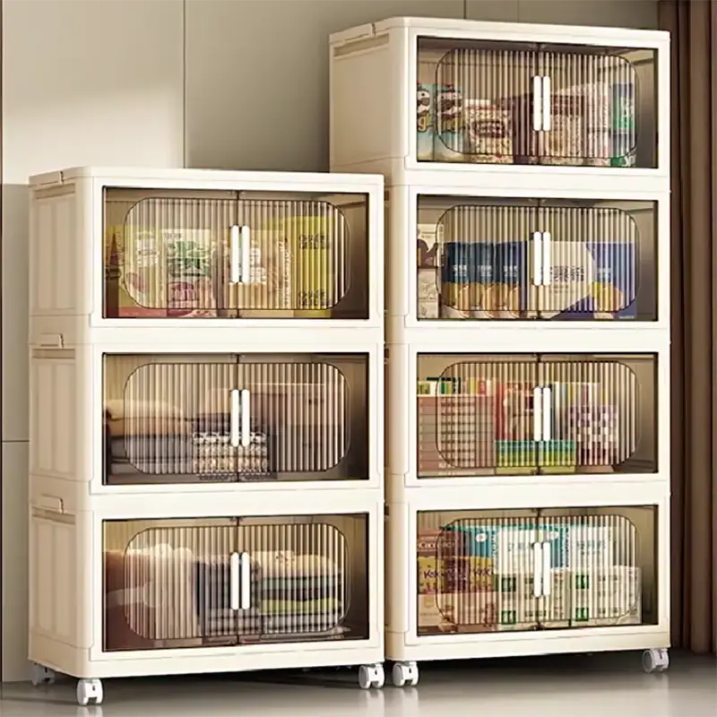 Large Capacity Organizer Cabinet Double Door Open Storage Box with Lid Wheels Stackable Foldable Snacks Sorting Wardrobe Bins - Image 3