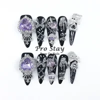 10pcs Dark black Y2k Hot Girl Handmade Press On Nails Sweet Cool  With Diamond Metal Decoration Wearable Artificial False Nail 4