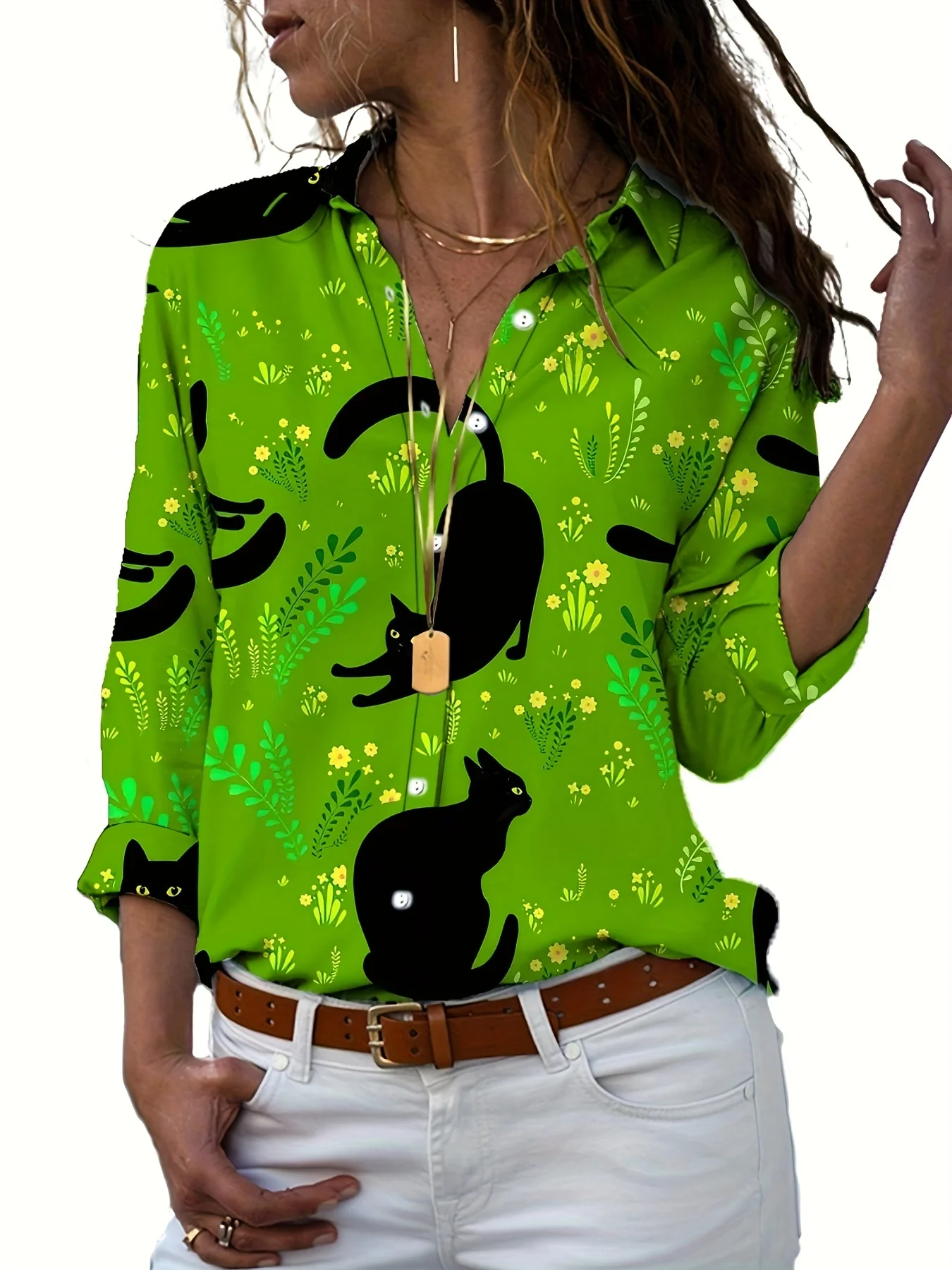 

Women's Shirts & blouses Cute Cat Print Button Front Shirt, Casual Lapel Long Sleeve ShirtWomen's Clothing