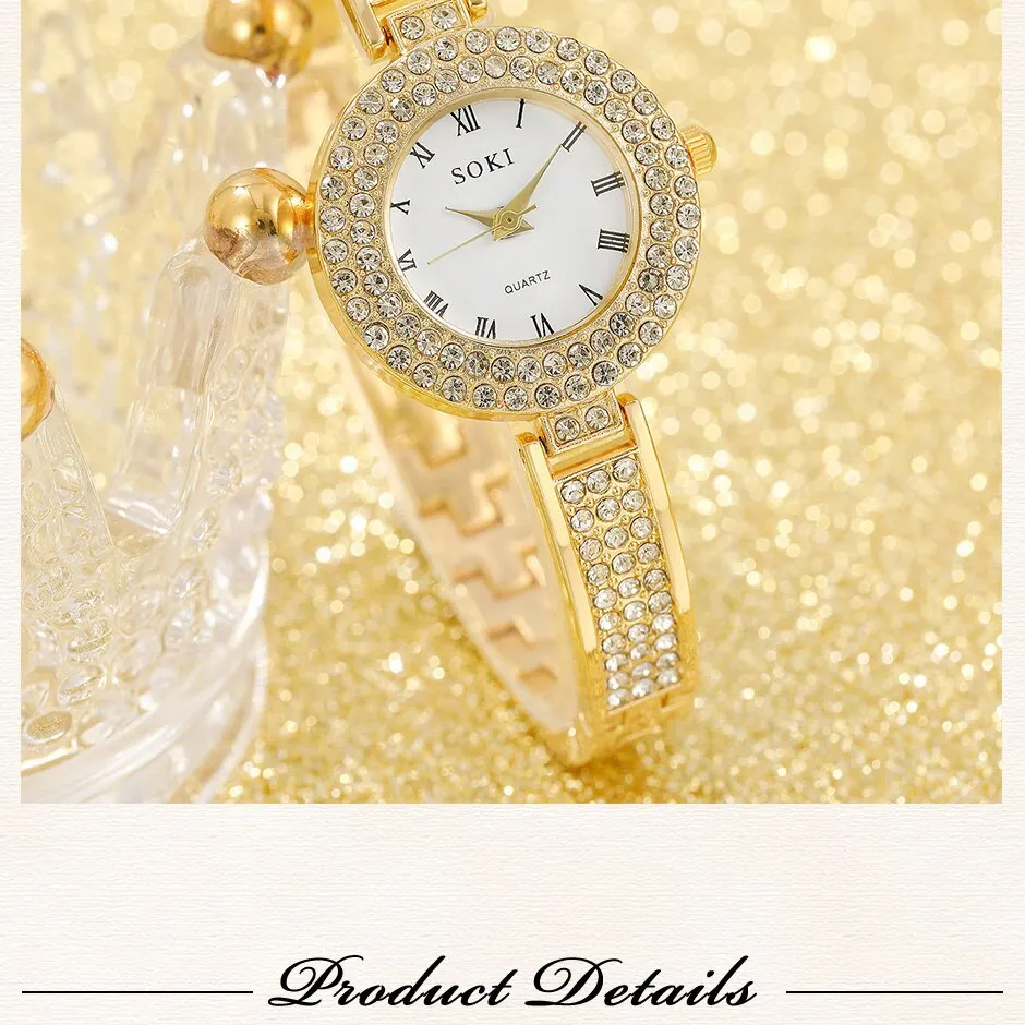 5 squisiti orologi al quarzo, set di gioielli rotondi alla moda, orologio da donna, collana di strass, orecchini, set di anelli_voghion.com