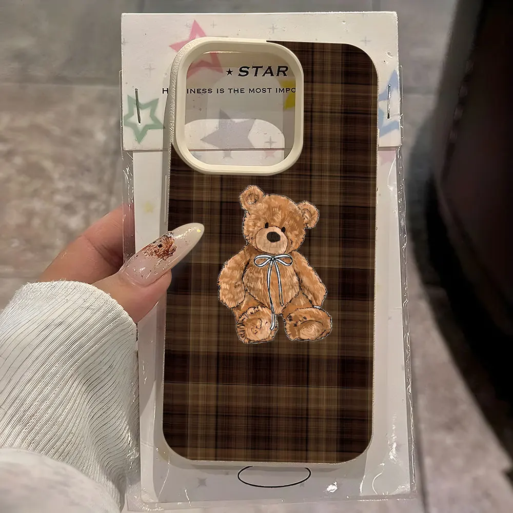Retro Plaid Cute Bear Pattern Lychee Soft Phone Case Cover