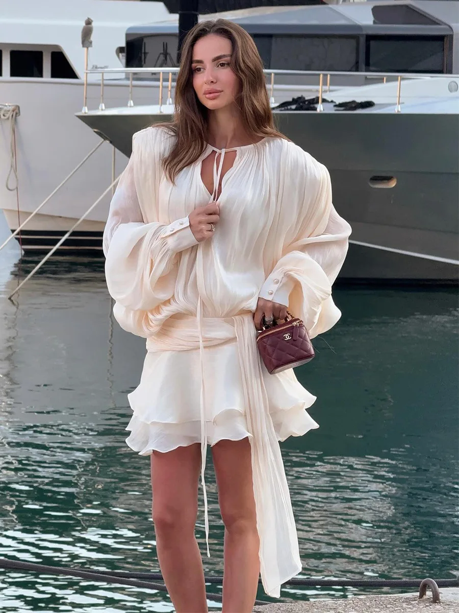 Bornladies 2025 Spring Summer Women's Elegant Pleated Mesh Party Dress Fashion Puff Sleeve Short Skirt Evening Daily Wear