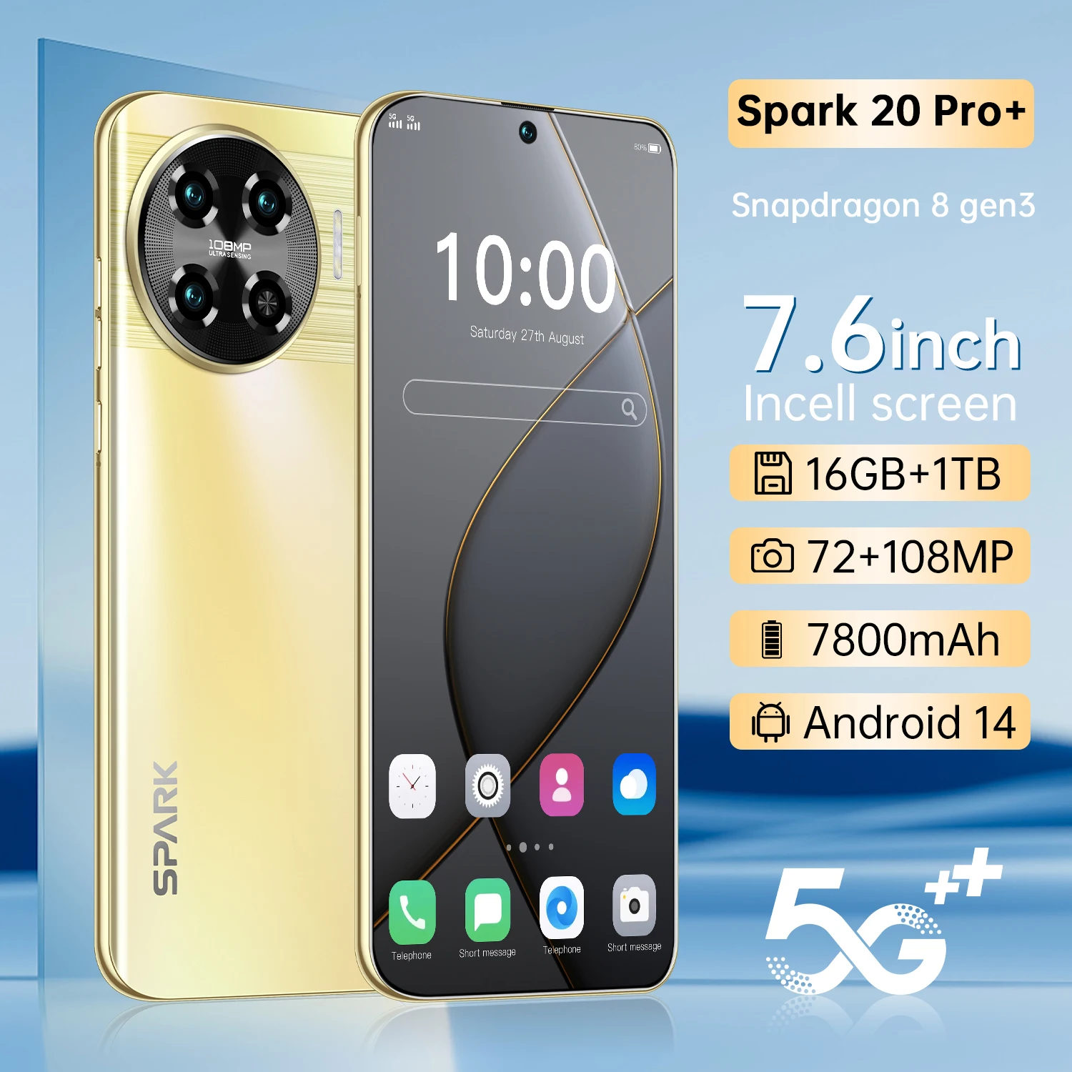 글로벌 VER 스파크 20 프로 스마트폰, 쿼드 코어, 16GB + 1TB, 7.6 인치 스마트폰, 안드로이드 13 휴대폰, 7800 mAh 배터리, 페이스 1D