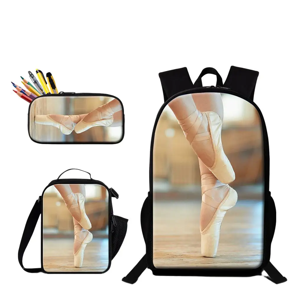 3PCS Set School Bag With Food Lunchbox Pencil Case Ballet Print Large Capacity Backpack For Girls Women Cute Travel Shoulder Bag