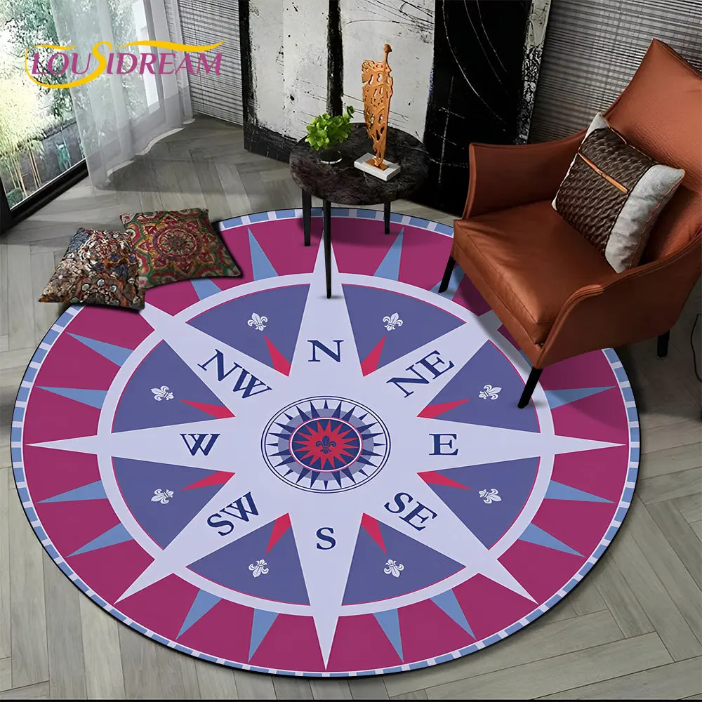 3D Retro Round Non-Slip Circle Area Rug, Tapete para sala de estar, Quarto, Almofada do pé do sofá, Tapete de chão, Presente, Série Bússola