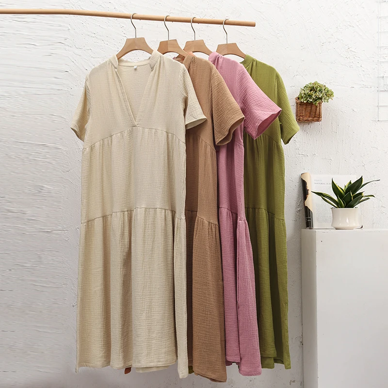 

Vintage Casual Chic 100% Cotton Gauze Muslin Women'S Dress Loose Short Sleeve Cake Sundress Holiday Beach Party Dresses Vestidos