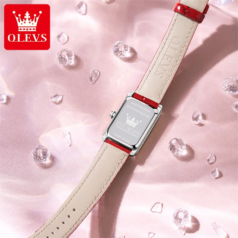 Rectangular Rose Gold Women Watches OLEVS Exquisite Ladies Wrist Watch Fashion Woman Quartz Clock Red Leather Relogio Feminino