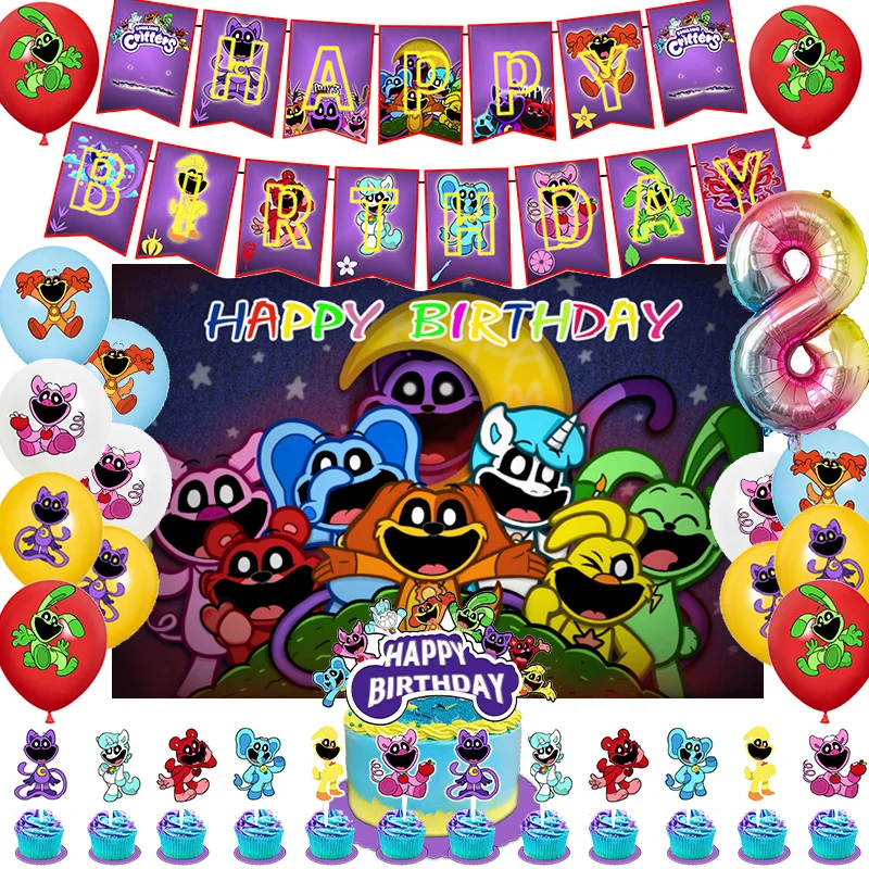 Décoration de fête d'anniversaire créatures souriantes, ballon, bannière, décoration de gâteau, fournitures de fête, baby shower
