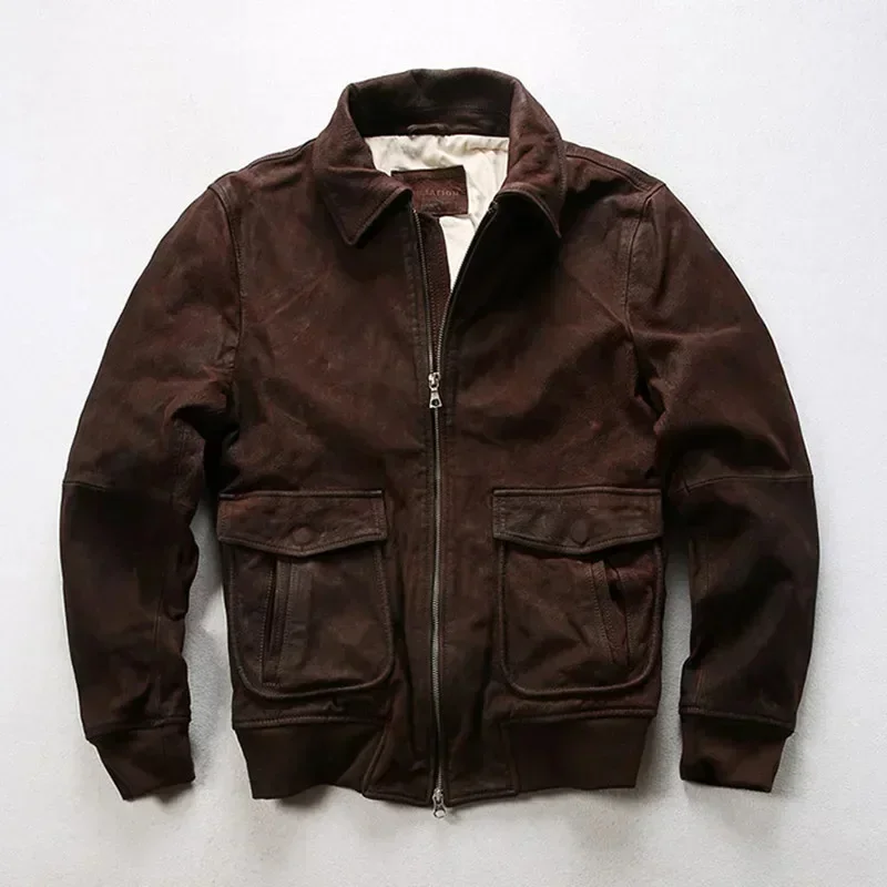 thumbnail image 1 of Chaqueta de piel de vaca de primera capa para hombre, estilo antiguo, informal, elegante, con solapa, estilo A1, de alta gama, 2024, 1 of 5