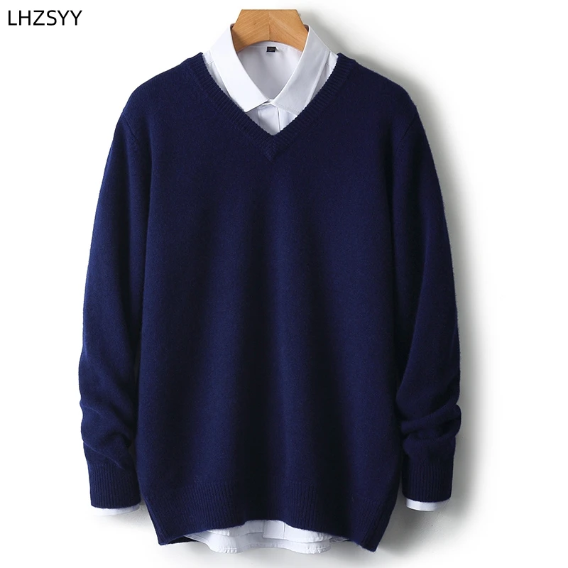 LHZSYY Men's V-Neck Cashmere Sweater 23Autumn Winter New Thick Solid Pullovers Loose Knit Base Shirt Business Casual Jacket Tops 6