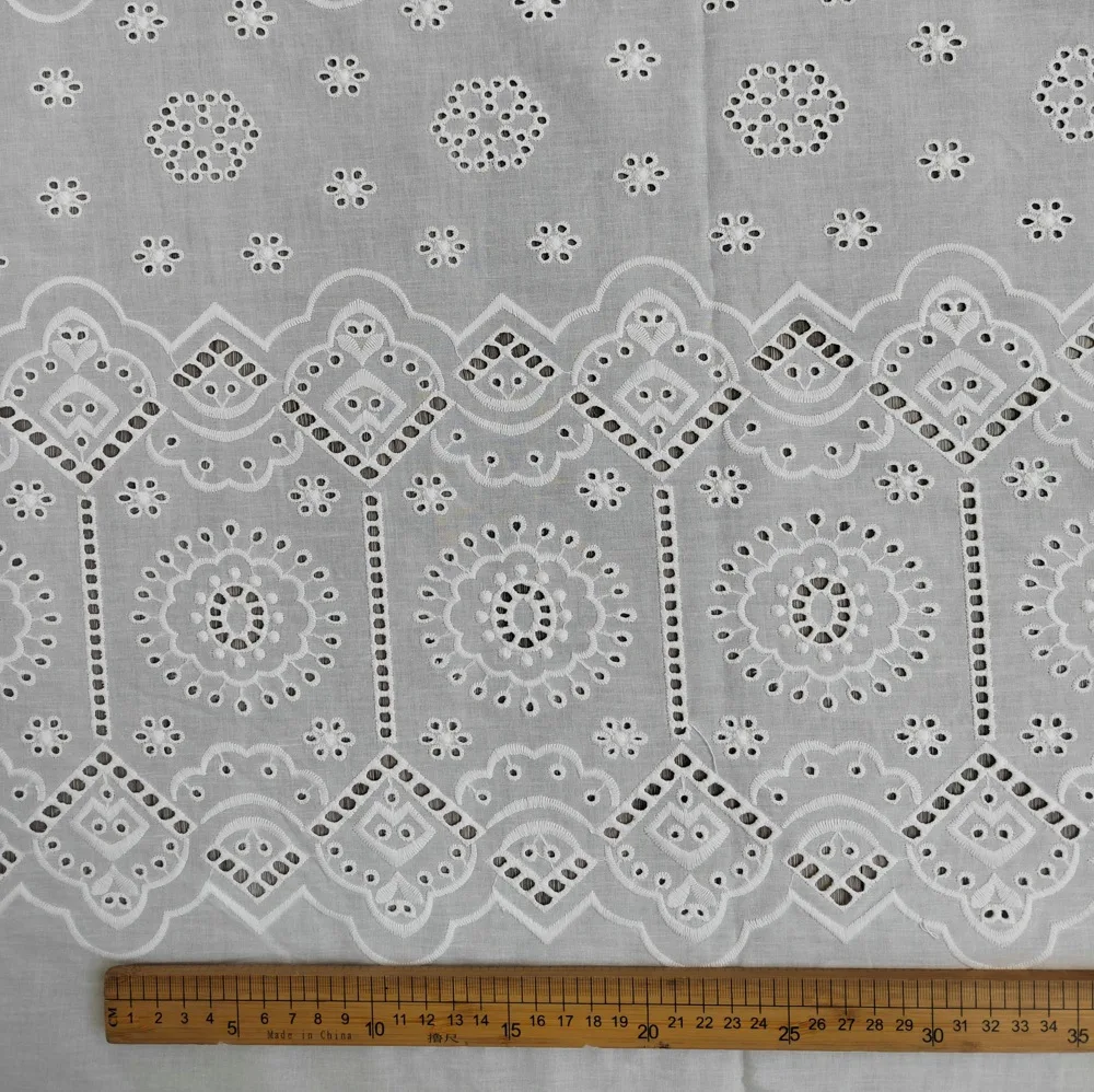 

2M White cotton embroidery lace fabric eyelect hole embroideried clothing for woman dress apparel with Abstract flowers