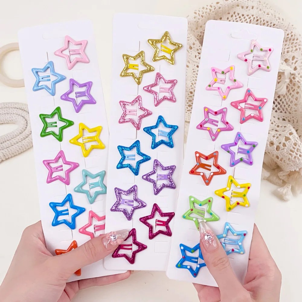 10Pcs/set Colorful Star Hair Clips for Baby Girl Glitter Metal Snap BB Clip Hairpin Headwear Boutique Hairclip Child Accessories 10pcs smart alarm finder itag wireless bluetooth 4 0 tracker gps locator child pet wallet key tracker anti lost founder device