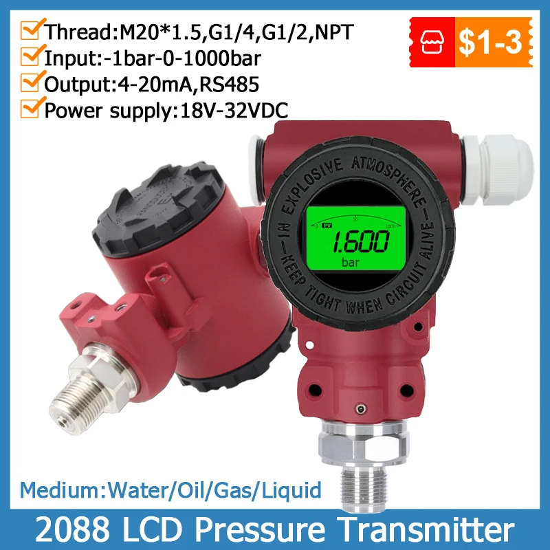 

2088 Pressure Transmitter LCD Display 4-20mA RS485 Output Negative Pressure Vacuum Pressure Water Air Oil Liquid Pressure Sensor