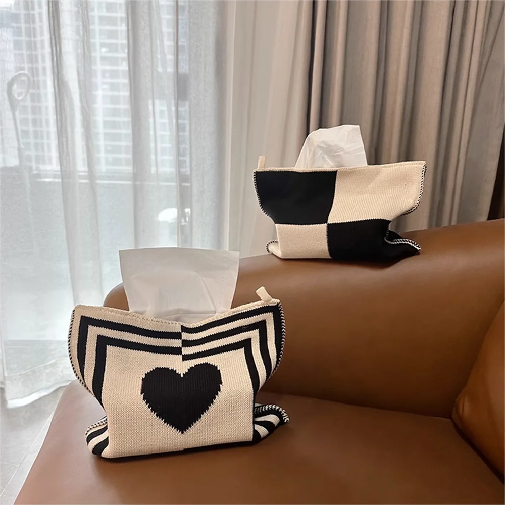 Decoration Knit Desktop Tissue Box Foldable Reusable Heart and Plaid Napkin Cover Dustproof Home Livingroom Car Paper Towels Bag 3