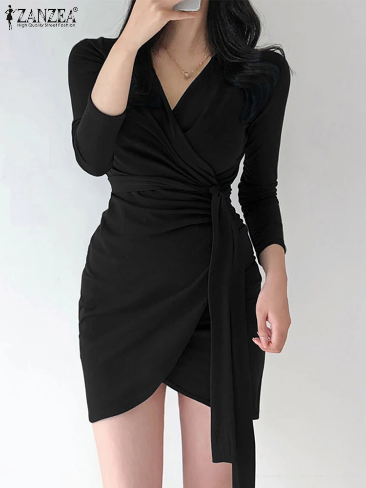 

ZANZEA 2024 Sexy Wrap Knotted Dresses Women Pleated Party Mini Dress Long Sleeve Short Robe Fashion Solid Slim Wrap Hips Vestido