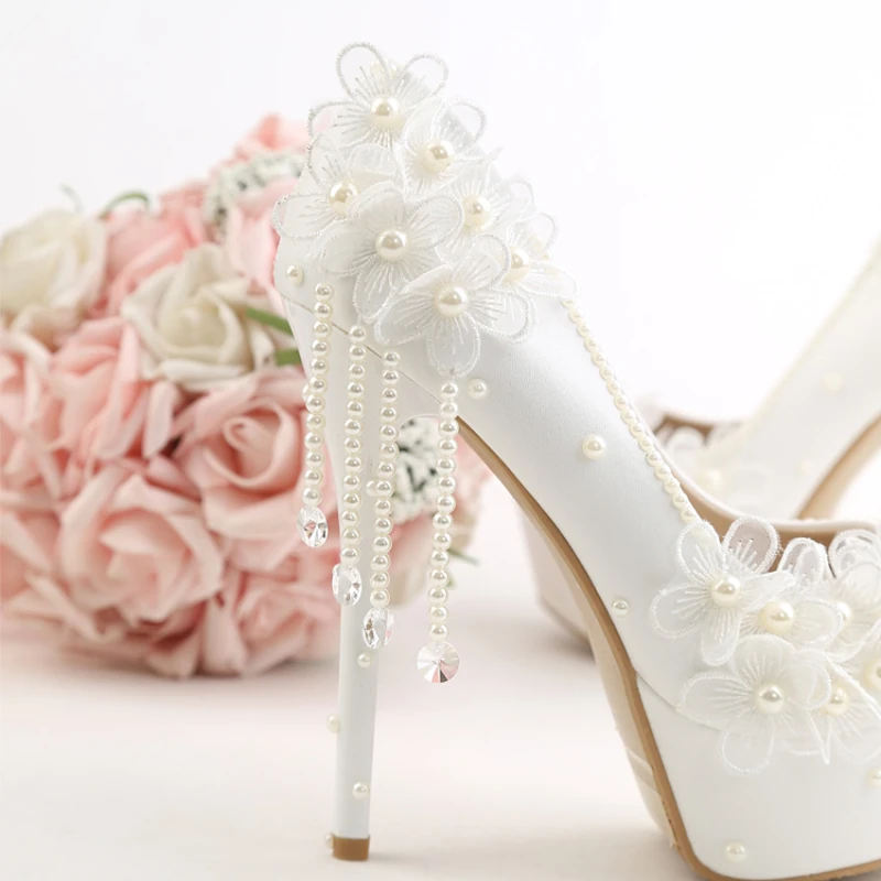 Wedding Shoes New White Pu Leather Lace Flower Bride Dress Pumps Super High Heels Slip-on Round Tole Pearl Tassel Stiletto 14cm