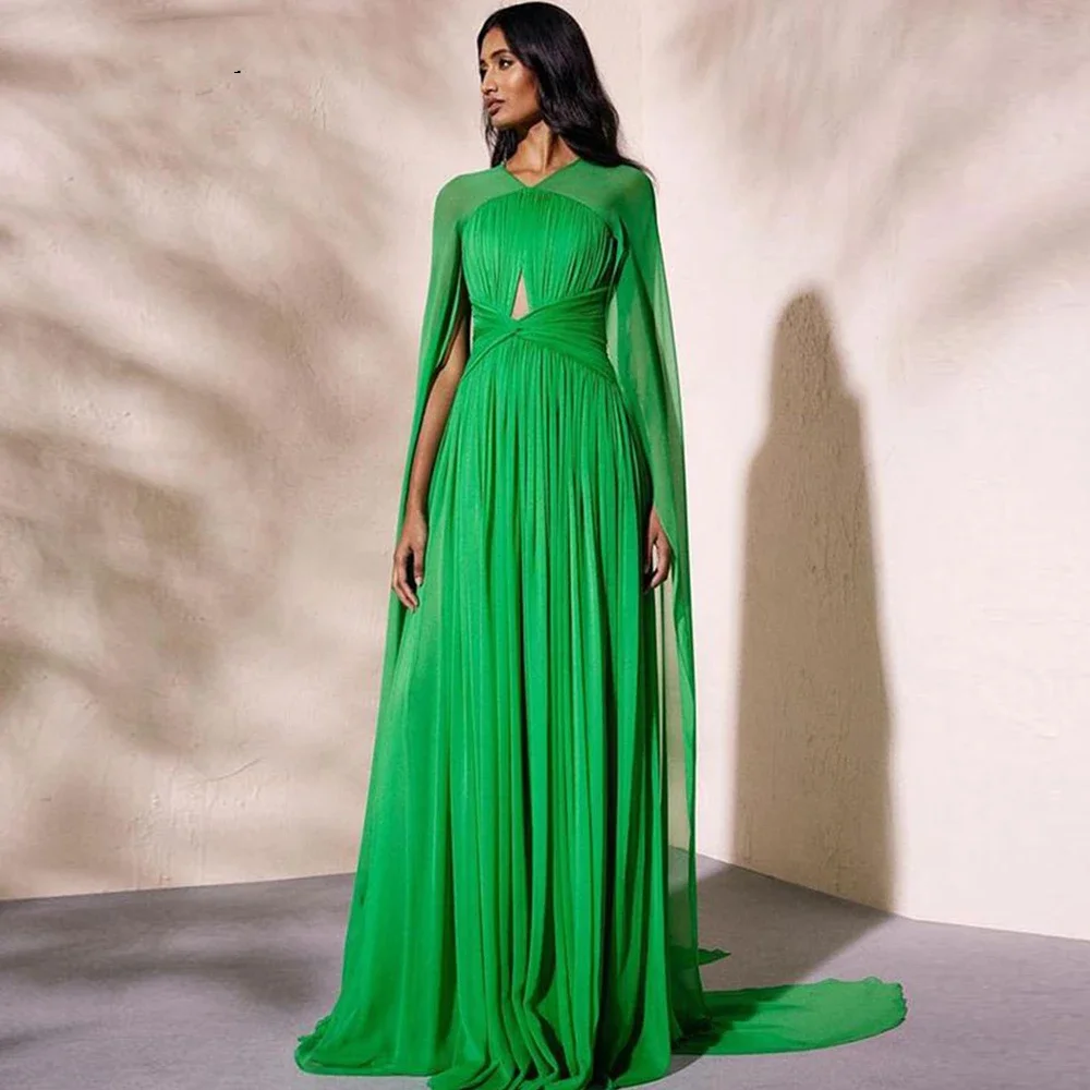 

Modest Green A-line Chiffon Evening Dresses Long Cape V-Neck Pleat Beach Dubai Arabic For Women Prom Gowns Vestidos De Noche