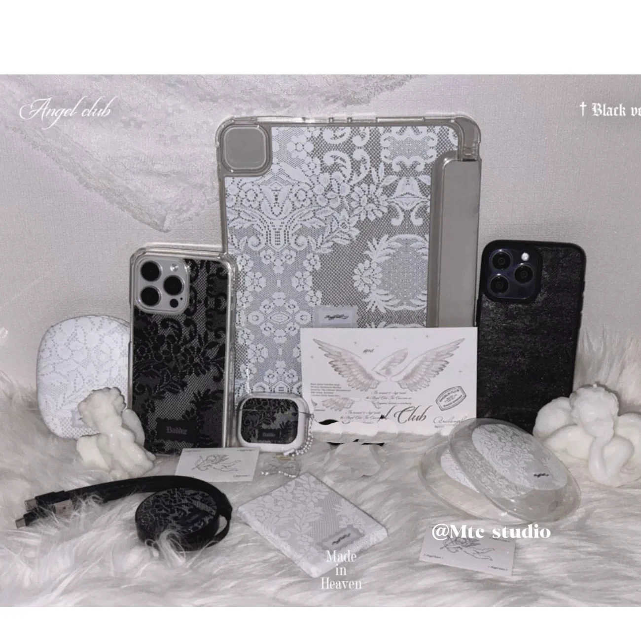 Elegant White Lace Tri-fold Case with Pen Holder