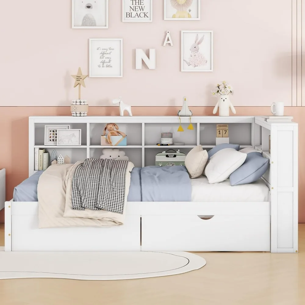 Daybed with Storage Drawers and Bookcase, L-Shape Daybed with USB Ports and Headboard with Storage Headboard, Corner Bed Frame 3
