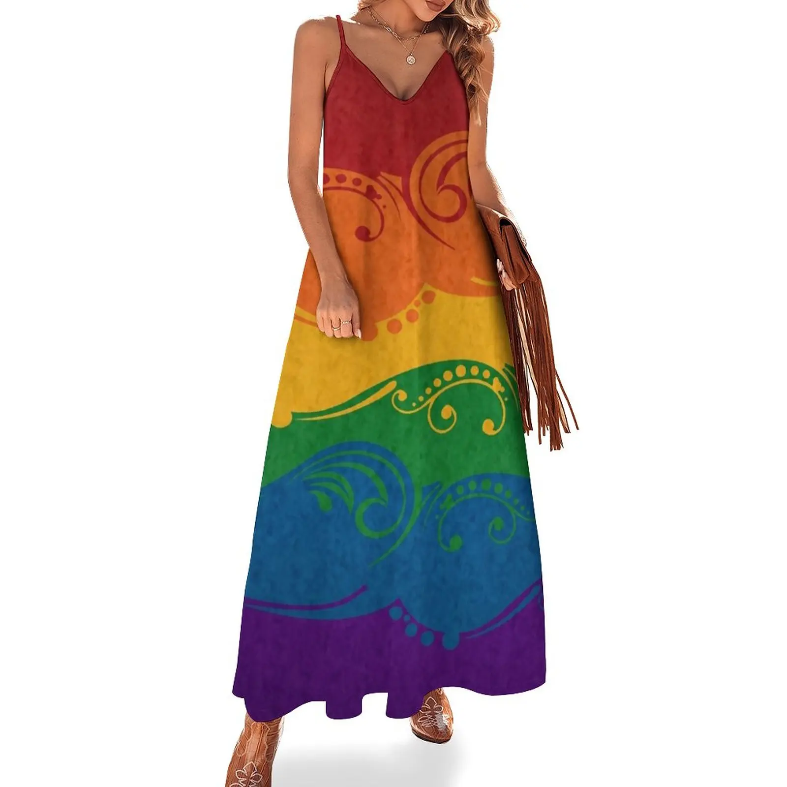 

Fancy Swooped and Swirled LGBTQ Pride Rainbow Flag Background Sleeveless Dress long dress women summer Dress for girls