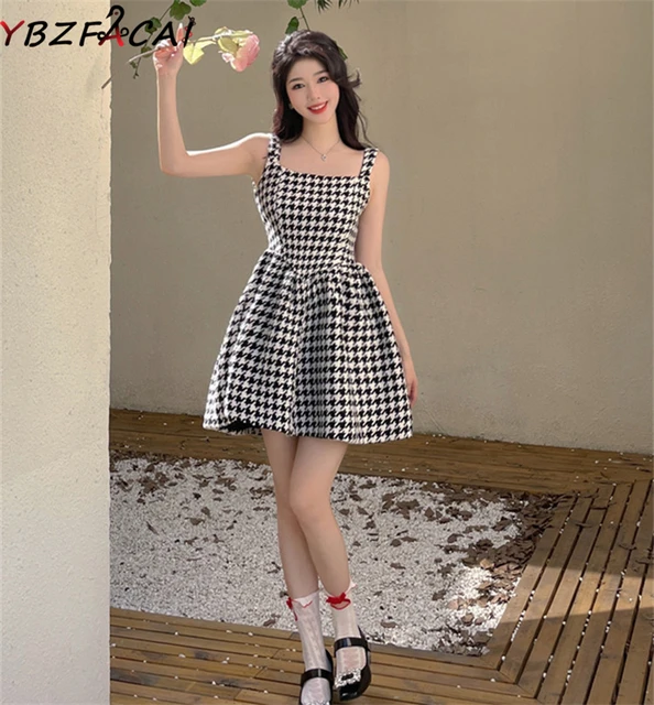 French Houndstooth Sling Tweed Dress Women Preppy Black White Plaid Slim  One Piece Dress Sexy Backless Summer Puffy Short Dress - Dresses -  AliExpress