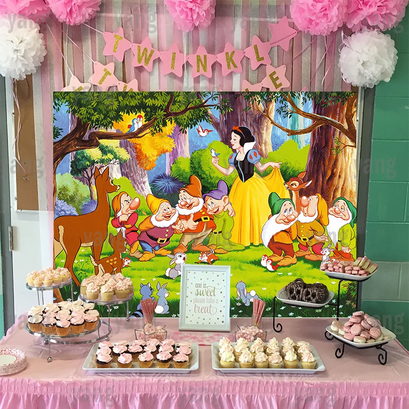 Disney Neve Branca Princesa Sete Anões Feliz Aniversário Festa Foto Pano de Fundo dos Desenhos Animados Decoração Floresta Fundos Personalizados Banner - Image 4