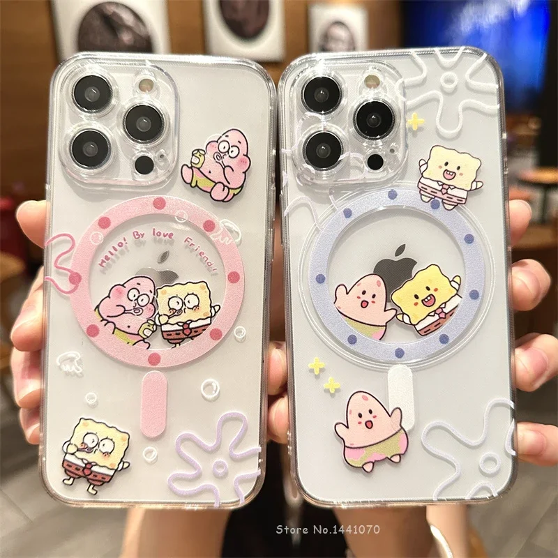 Bella Custodia Trasparente Spongebobs Per Iphone 15 11 12 13 14 Pro Max Mini Xs Xr 8 7 Plus Se 2020 Magsafe Ricarica Wireless Magnetica Capa