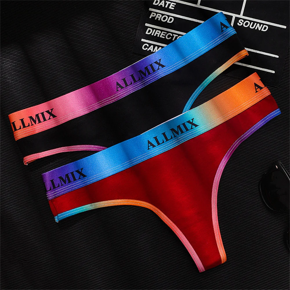 2 Pcs/pack Sexy Panties Cotton for Women Thong Rainbow Color Underwear Ladies Elasticity G-string Briefs 2