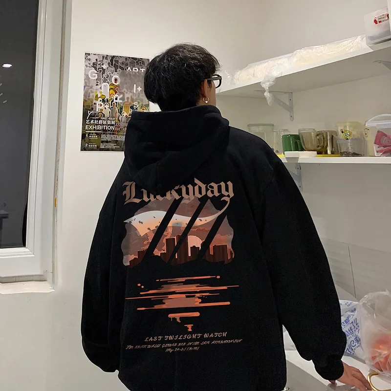 Sweatshirt Men's American Retro Hoodie Padded Printed Loose Jacket Fashion Versatile Pullover Sweatshirt Men Clothing Streetwear