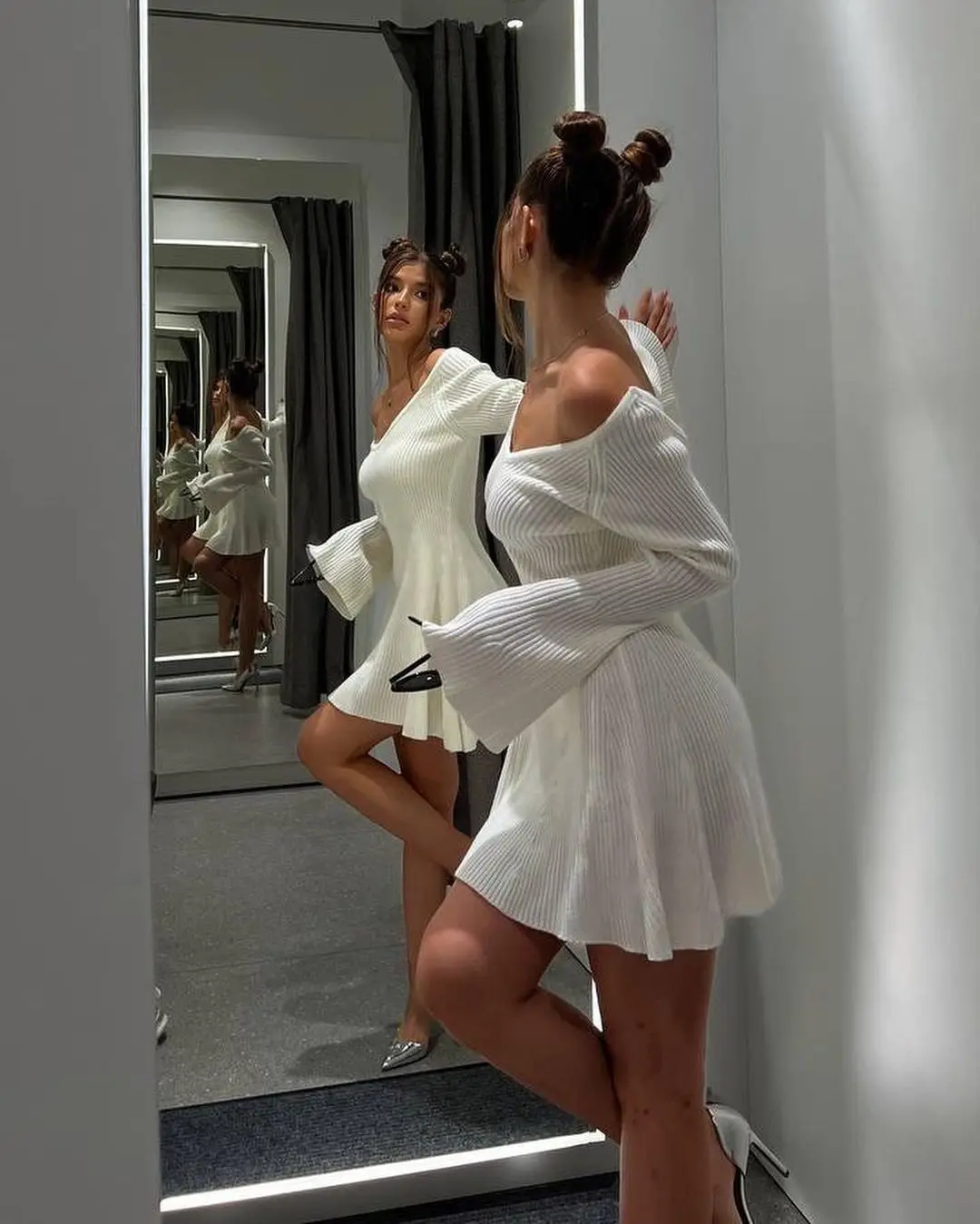 Knit Off-Shoulder V-Neck Mini Dress For Women Ribbed Loose Casual High Waist Long Sleeve Knitwear Dress Women's Mini Dress