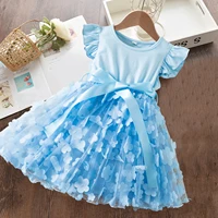 Summer 3D Flower Mesh Ruffles Sleeves Dress 1-5 Years Toddler Girls Birthday Party Princess Dress Tutu Cute Baby Girls Clothes 1