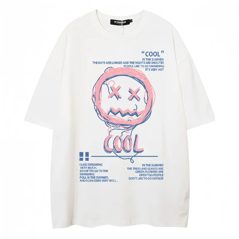 

Smiley face printing 100% Cotton T-shirt hip hop simple short-sleeved T-shirt men's cartoon fashion tops