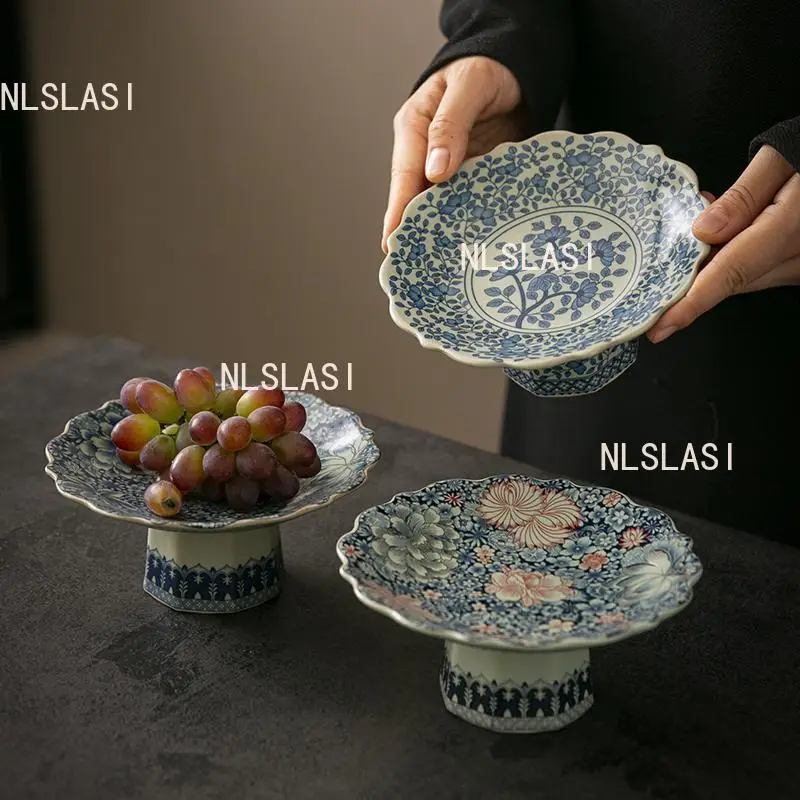 루 킬른 하이 푸트 과일 접시 세라믹 딤섬 건과일 트레이 중국 스타일 가정용 트..