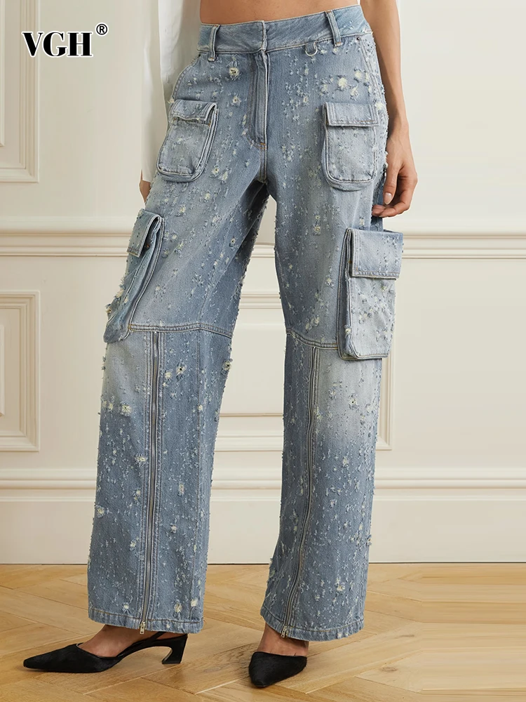 

VGH Patchwork Pockets Casual Denim Trousers For Women High Waist Spliced Zipper Streetwear Loose Cargo Jeans Female Fashion New