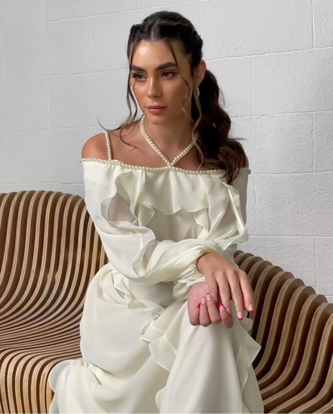 

White Pearls Chiffon New Prom Dresses For Women 2023 Ruffles Off Shoulder A-Line Elegant Formal Dresses Robes De платье вечернeе