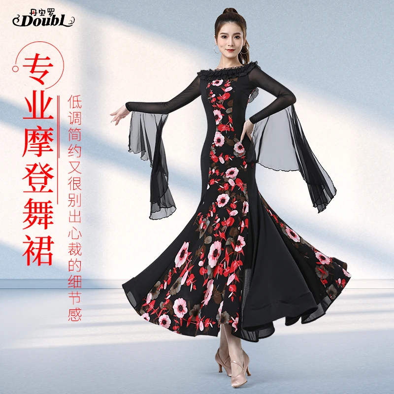 

Doubl Ballroom dance Latin dance dress ladies new flowing mesh gauze sleeve dress moden dance dress big swing show thin